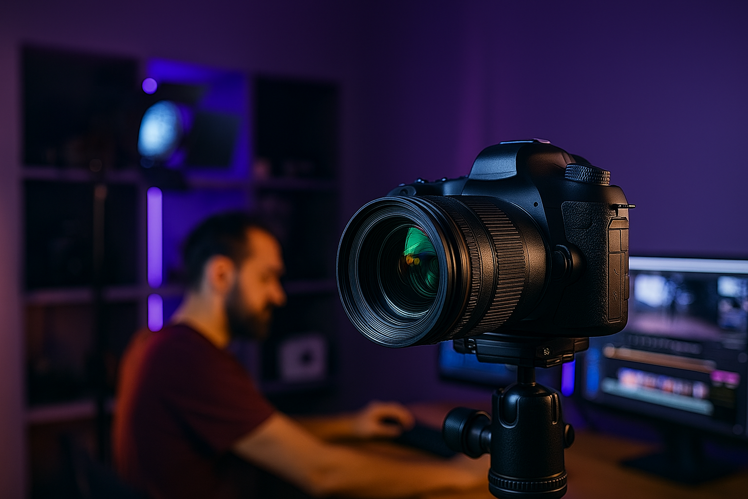 Professional video production setup with camera and editing workspace